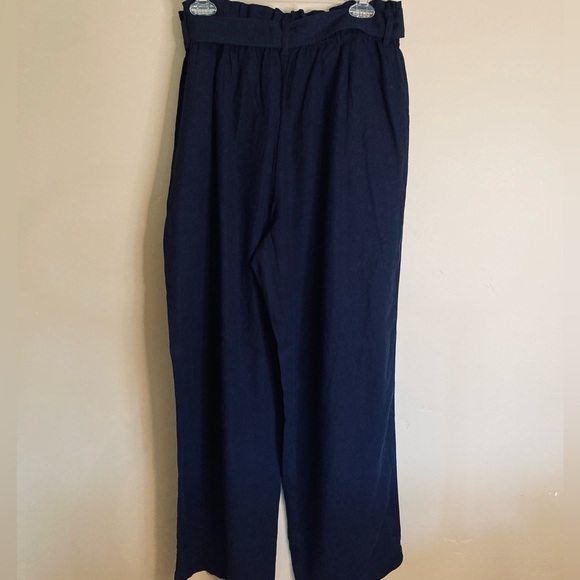 NEW Uniqlo Belted Linen Rayon Wide Pants High Waist Paper Bag Navy Blue Size L - Picture 8 of 11